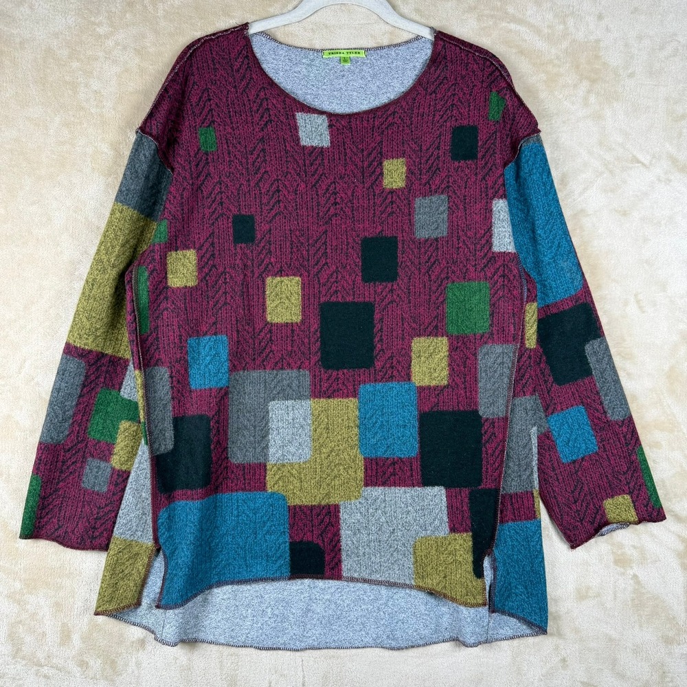 Trisha Tyler Womens Large Geometric Colorblock Tunic Top Burgundy Teal TT11202